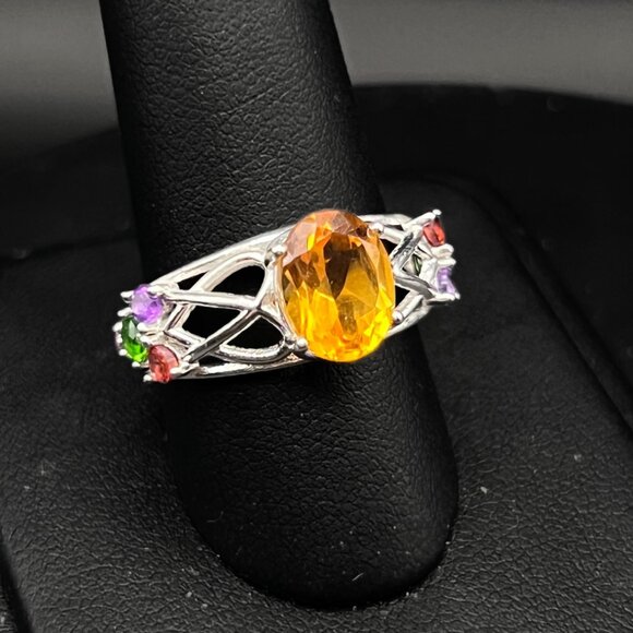 Citrine, Garnest, Amethyst and Emerald Ring Sterling Silver Ring Size 7 Stamped - Picture 8 of 9